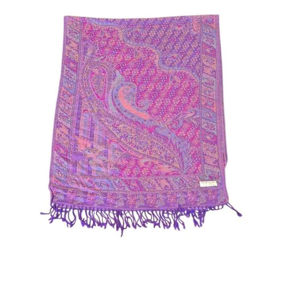 Pashmina Magenta 100% Cashmere Scarf w Fringe - Picture 4 of 7
